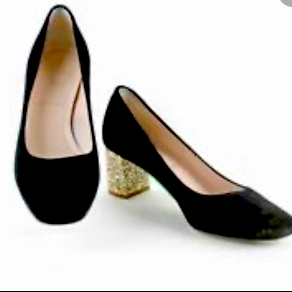Kate Spade gold glitter heel black velvet pumps.
